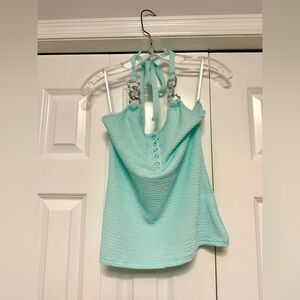 Chicme NWOT Tiffany Blue Textured Halter Top with Silver Strap Embellishments.